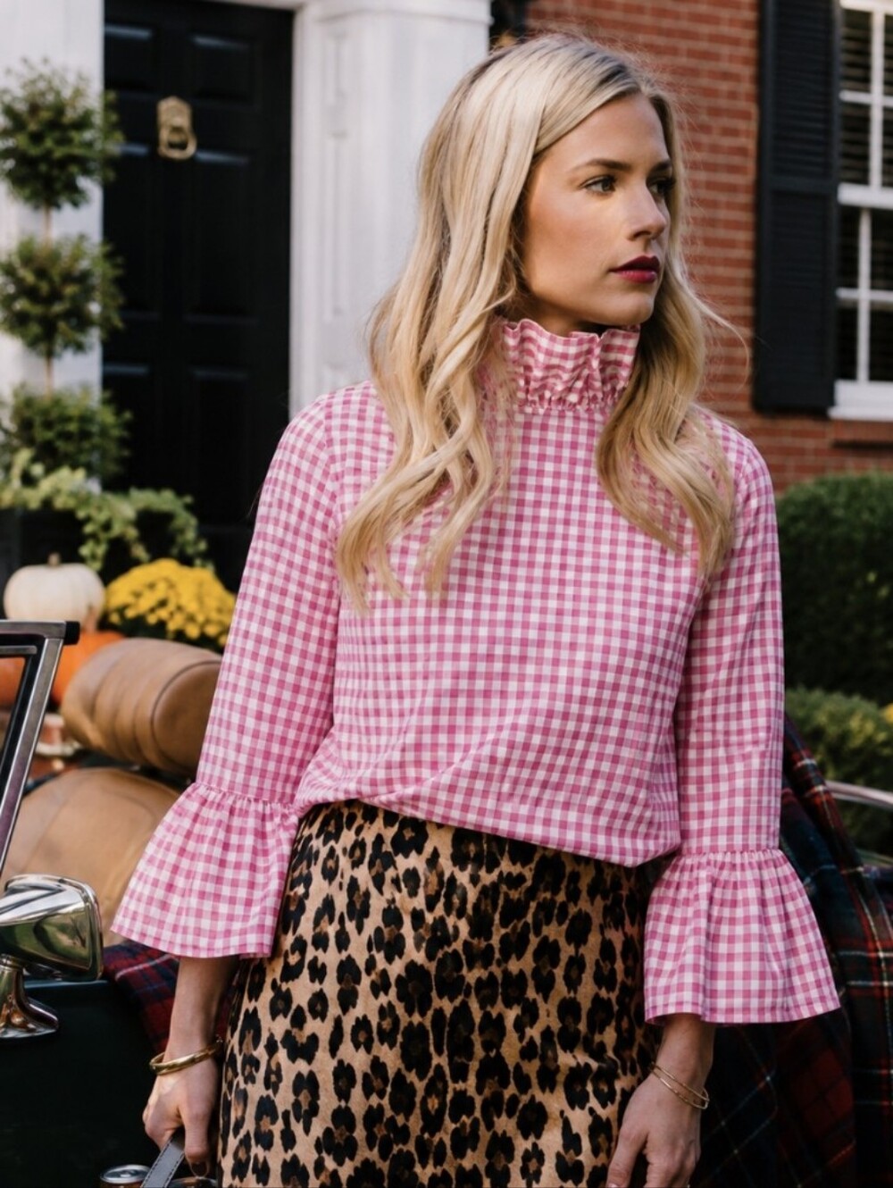 Elizabeth Wilson Katherine Blouse Ruffle Neck Pink Gingham Top Shirt Size XXL